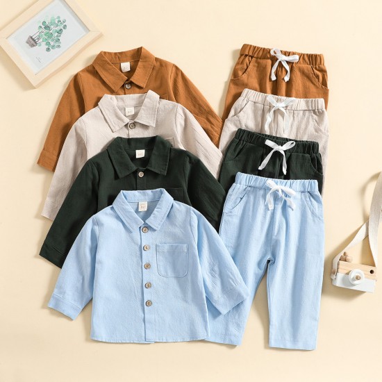 Cross-border children's suits: Spring and autumn boys' solid color cotton and linen stand-up collar shirt, comfortable long-sleeved trousers, two-piece set.