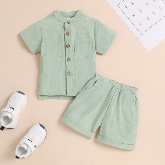Foreign Trade Solid Color Boys' Short-Sleeved Stand-Up Collar Set, Summer Children's Short-Piece Trouser Set with Rolled-Up Hems