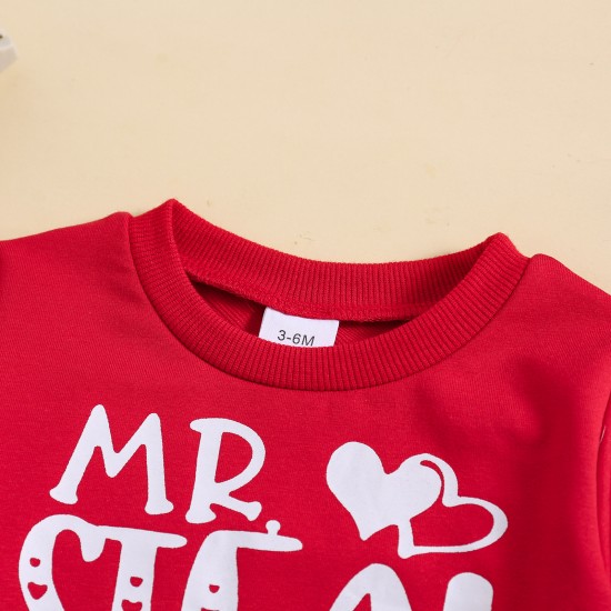 Cross-border children's clothing: Sweet heart-shaped letter-print pullover sweatshirt for baby girls aged 0-2 years, with front tie decorative cord sweatpants.