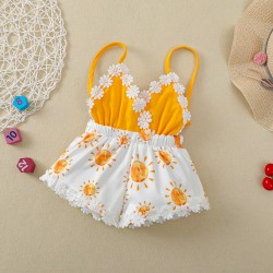 New cross-border summer girls' yellow sunflower-themed halter bodysuit with an open back (shipping available).