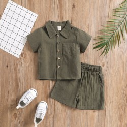 Summer cotton and linen casual style, short-sleeved lapel polo shirt, solid color boys' summer two-piece set.