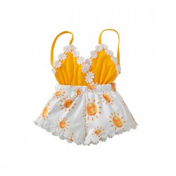 New cross-border summer girls' yellow sunflower-themed halter bodysuit with an open back (shipping available).