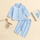 Cross-border children's suits: Spring and autumn boys' solid color cotton and linen stand-up collar shirt, comfortable long-sleeved trousers, two-piece set.