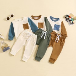 New cross-border Amazon: a stylish, color-blocked, long-sleeved, and Morandi-style two-piece casual sweatshirt set for boys aged 0-3.