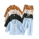 Cross-border children's suits: Spring and autumn boys' solid color cotton and linen stand-up collar shirt, comfortable long-sleeved trousers, two-piece set.