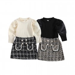 New cross-border girls' clothing: a European and American, Chanel-style skirt set with a round neck, long sleeves, and puff sleeves.