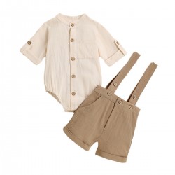 Foreign Trade New Summer Short-Sleeved Rolled-Up Shirt Set, Pure Cotton Khaki Overalls, Two-Piece Set
