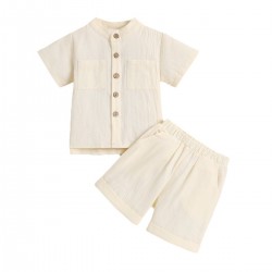 Foreign Trade Solid Color Boys' Short-Sleeved Stand-Up Collar Set, Summer Children's Short-Piece Trouser Set with Rolled-Up Hems