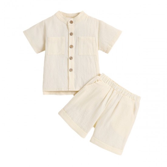Foreign Trade Solid Color Boys' Short-Sleeved Stand-Up Collar Set, Summer Children's Short-Piece Trouser Set with Rolled-Up Hems