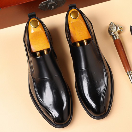 Men's leather slip-on shoes, top-grain cowhide pointed toe shoes, high-end business commuting, black wedding shoes, trendy