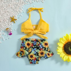 Cross-border iINS Style Girls' Floral Print Cross-Back Double Bow Swimsuit, Open-Back Lace Bodysuit